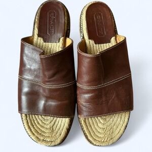 Brown leather COACH espadrille slide on sandals with rope sole